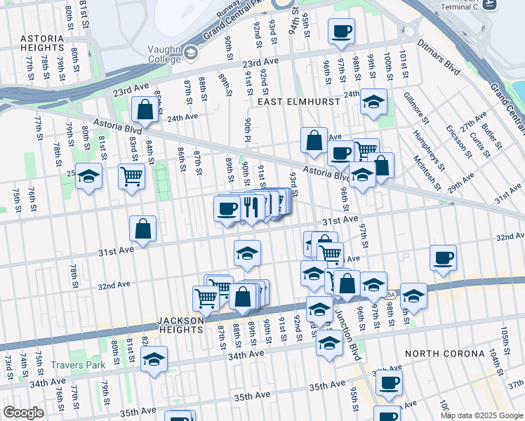 map of restaurants, bars, coffee shops, grocery stores, and more near 30-28 91st Street in Queens