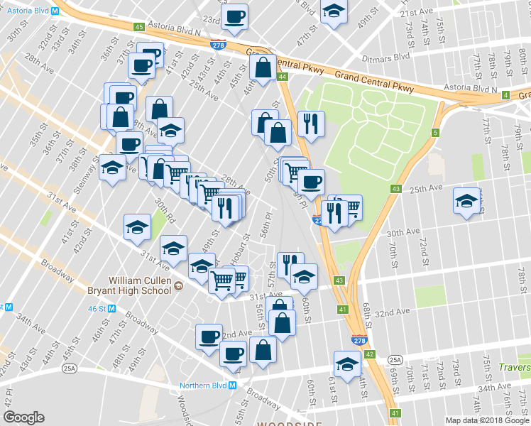 map of restaurants, bars, coffee shops, grocery stores, and more near 28-12 56th Place in Queens