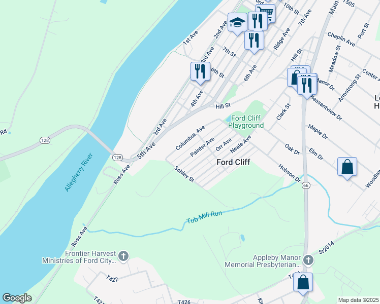 map of restaurants, bars, coffee shops, grocery stores, and more near 717 Painter Ave in Ford Cliff