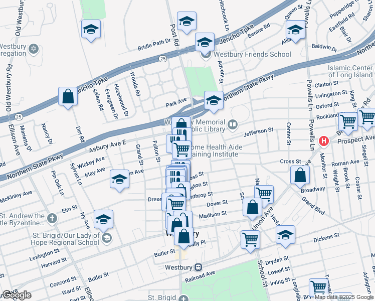 map of restaurants, bars, coffee shops, grocery stores, and more near 342 Post Avenue in Westbury
