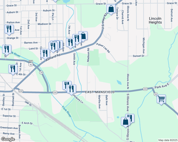 map of restaurants, bars, coffee shops, grocery stores, and more near 126 Madison Road in Mansfield