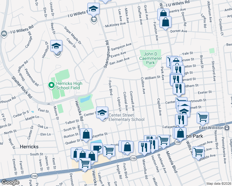 map of restaurants, bars, coffee shops, grocery stores, and more near 87 Lipton Ln in Williston Park