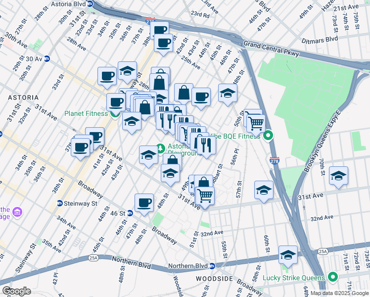 map of restaurants, bars, coffee shops, grocery stores, and more near in Queens