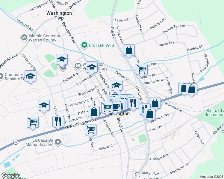map of restaurants, bars, coffee shops, grocery stores, and more near 21 East Stewart Street in Washington