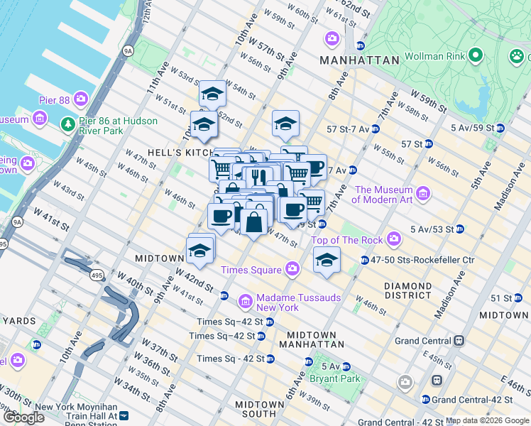 map of restaurants, bars, coffee shops, grocery stores, and more near 302 West 47th Street in New York