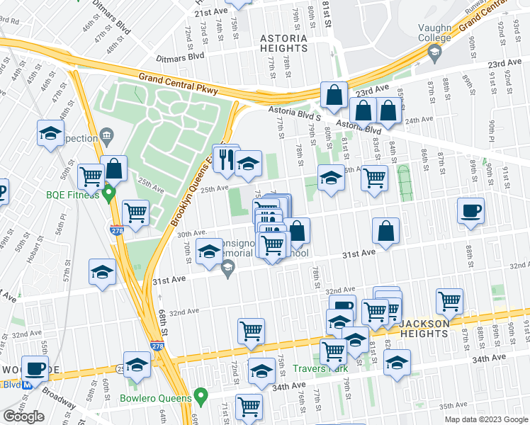 map of restaurants, bars, coffee shops, grocery stores, and more near 25-47 75th Street in Queens