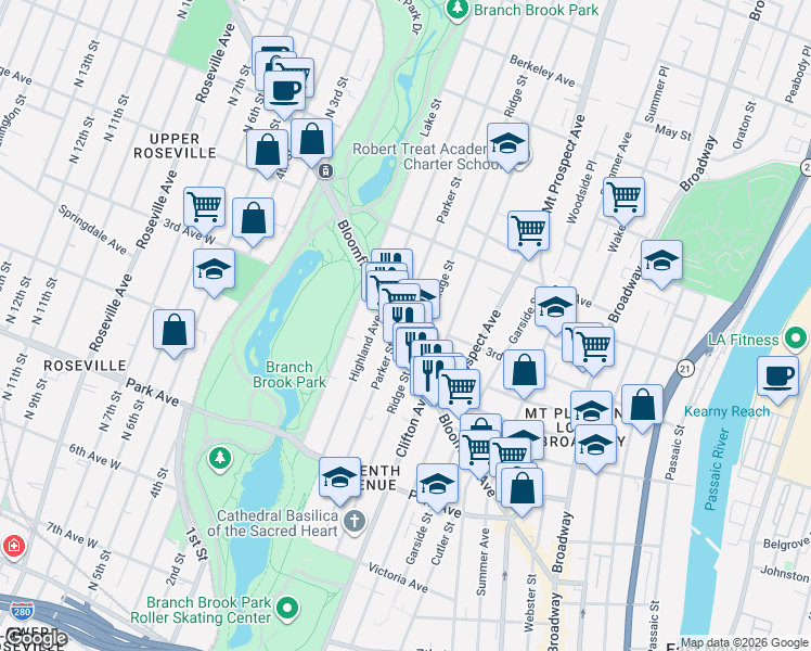 map of restaurants, bars, coffee shops, grocery stores, and more near 231 Parker Street in Newark