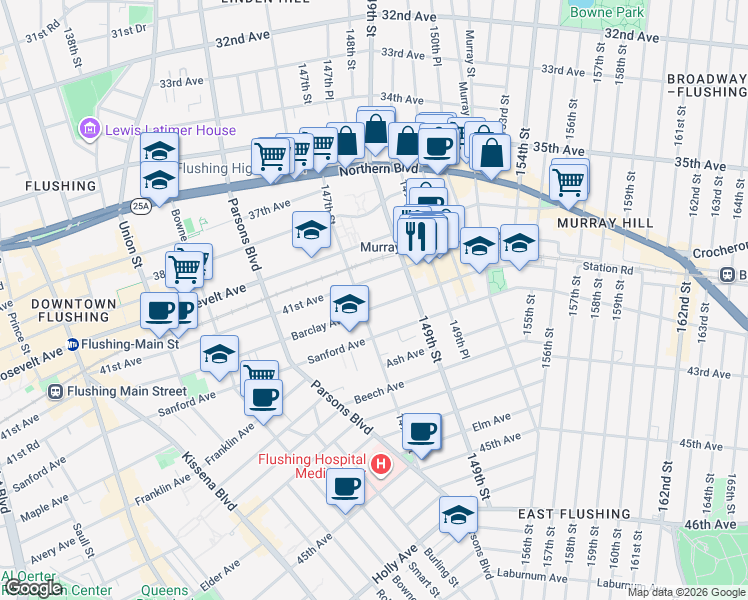 map of restaurants, bars, coffee shops, grocery stores, and more near 147-31 Barclay Avenue in Queens