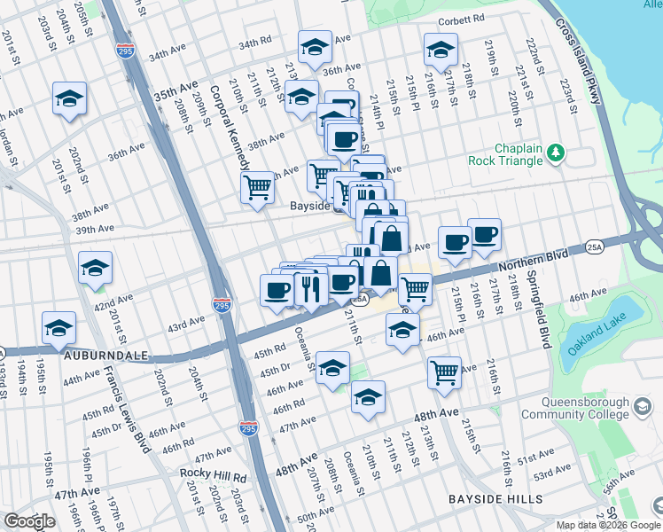 map of restaurants, bars, coffee shops, grocery stores, and more near 210-1 43rd Avenue in Queens