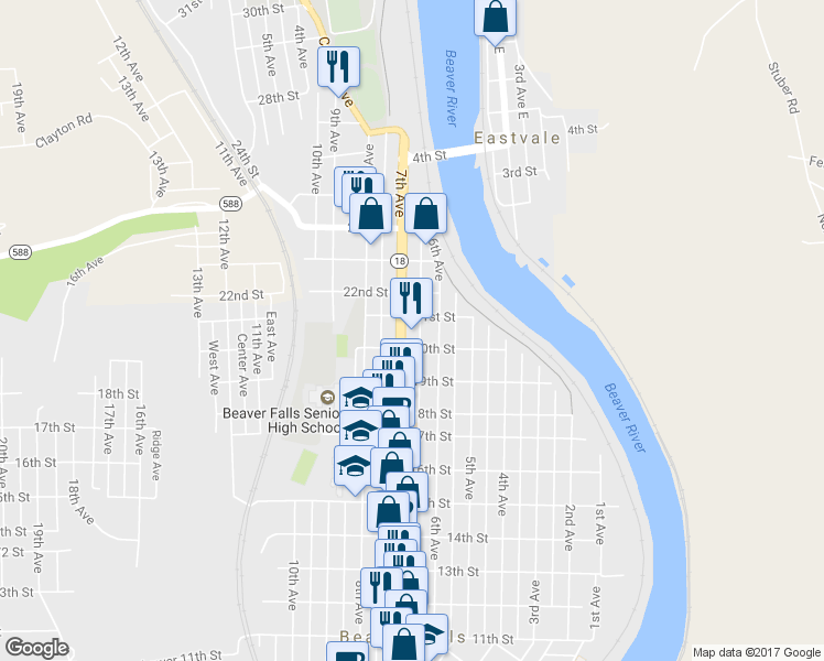 map of restaurants, bars, coffee shops, grocery stores, and more near 2020 7th Avenue in Beaver Falls