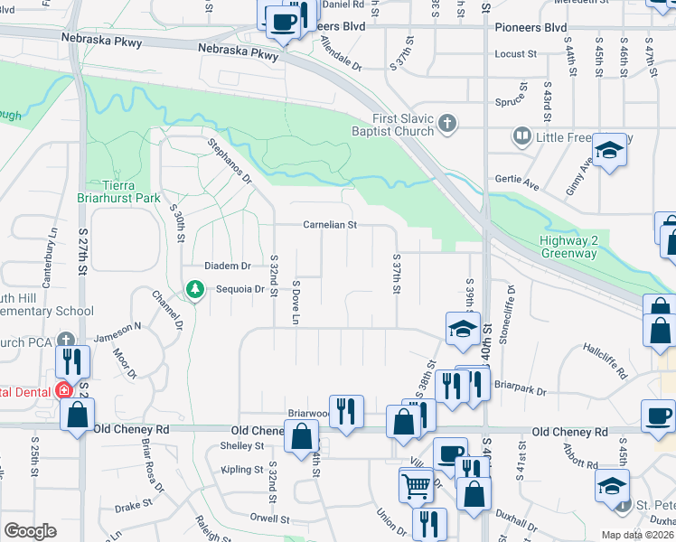map of restaurants, bars, coffee shops, grocery stores, and more near 5233 South Windlesham Court in Lincoln