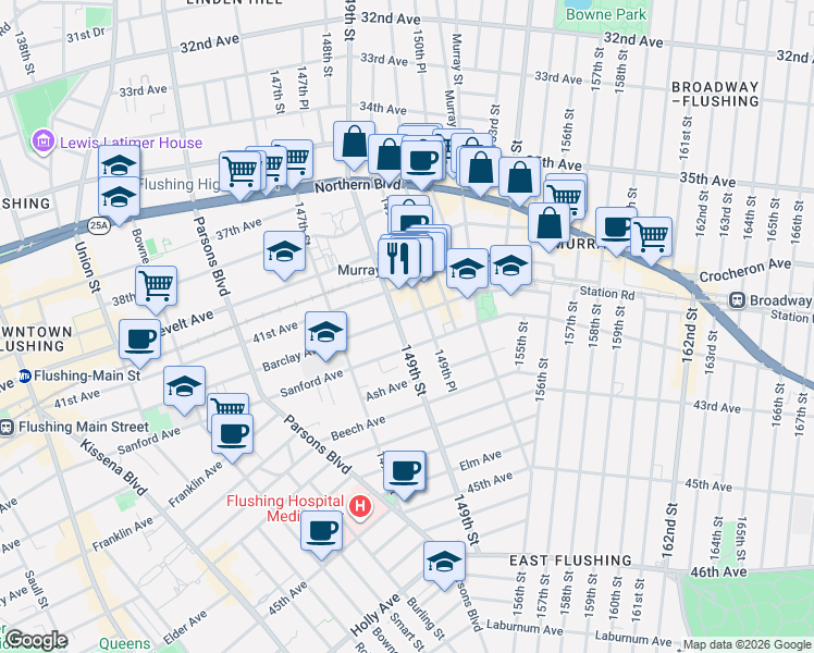 map of restaurants, bars, coffee shops, grocery stores, and more near 41-39 149th Street in Queens