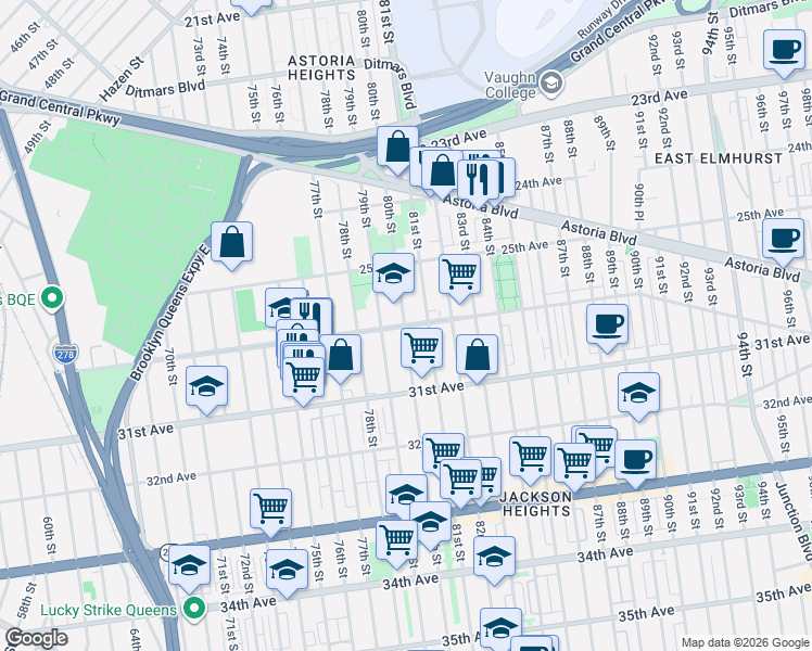 map of restaurants, bars, coffee shops, grocery stores, and more near 25-38 80th Street in Queens