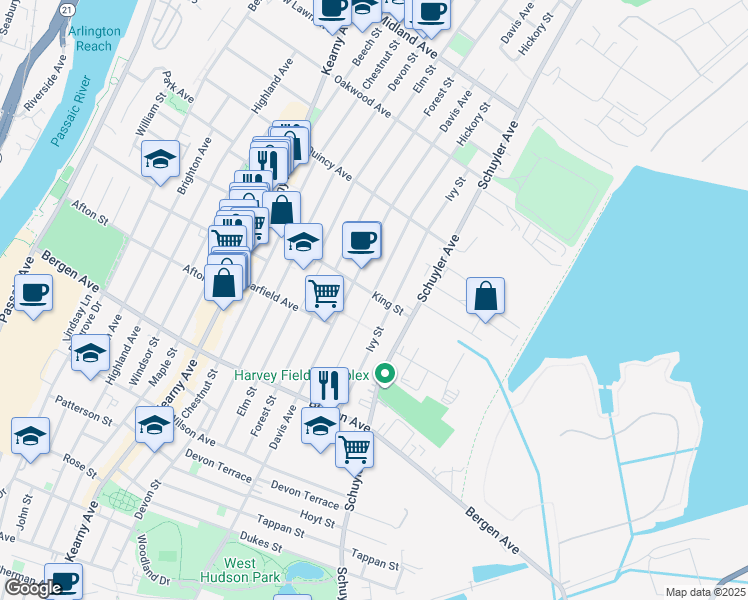 map of restaurants, bars, coffee shops, grocery stores, and more near 93 King Street in Kearny