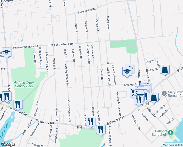map of restaurants, bars, coffee shops, grocery stores, and more near 67 Country Club Road in Bellport