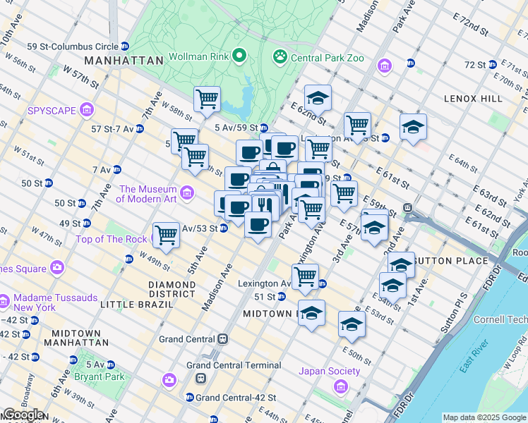 map of restaurants, bars, coffee shops, grocery stores, and more near 57 East 55th Street in New York