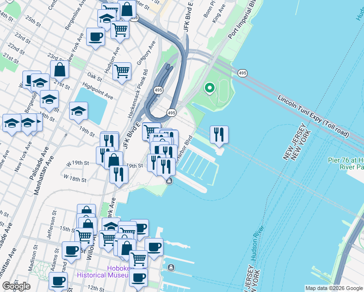 map of restaurants, bars, coffee shops, grocery stores, and more near 1525 Harbor Boulevard in Weehawken Township