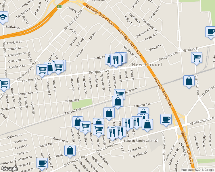 map of restaurants, bars, coffee shops, grocery stores, and more near 169 New York Avenue in Westbury