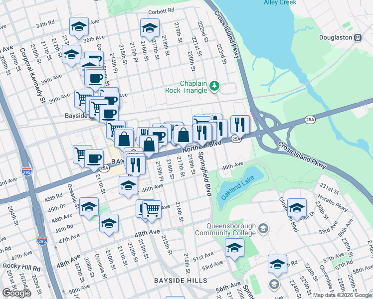 map of restaurants, bars, coffee shops, grocery stores, and more near 217-20 Northern Boulevard in Queens