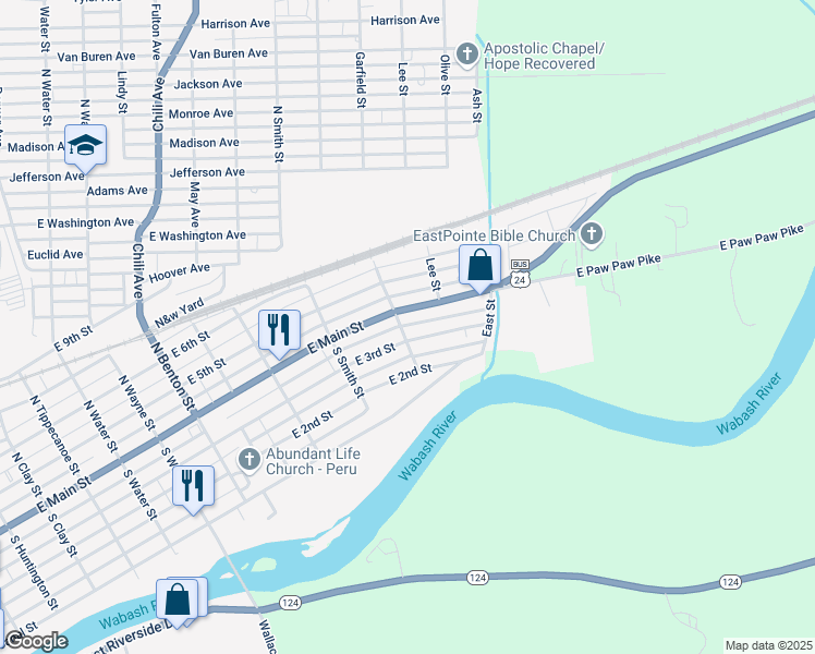 map of restaurants, bars, coffee shops, grocery stores, and more near 15 South Garfield Street in Peru