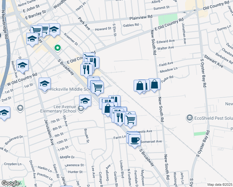 map of restaurants, bars, coffee shops, grocery stores, and more near 1 Alicia Street in Hicksville