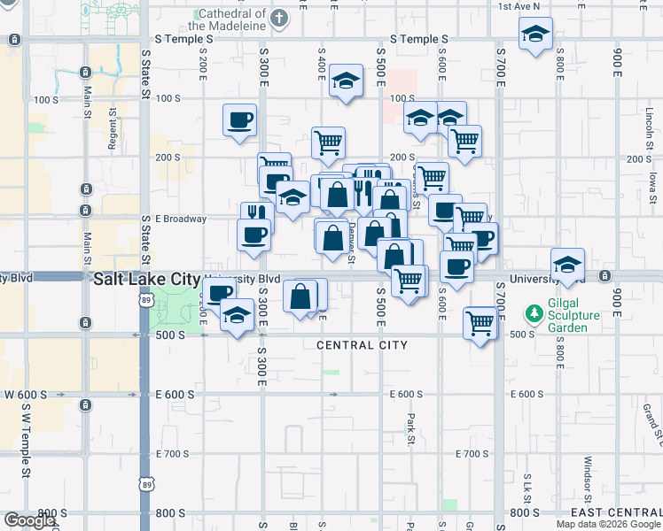 map of restaurants, bars, coffee shops, grocery stores, and more near 409 East 400 South in Salt Lake City