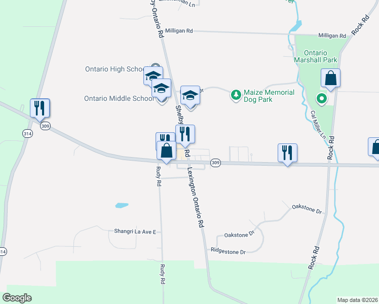 map of restaurants, bars, coffee shops, grocery stores, and more near 325 Shelby-Ontario Road in Ontario