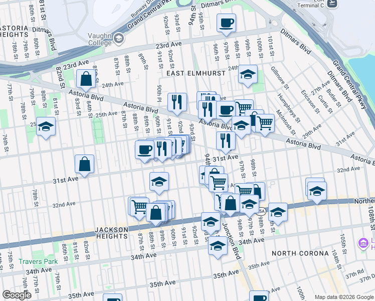 map of restaurants, bars, coffee shops, grocery stores, and more near 30-19 92nd Street in Queens