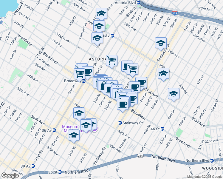 map of restaurants, bars, coffee shops, grocery stores, and more near 31-69 35th Street in Queens