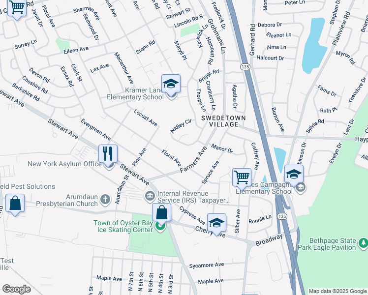 map of restaurants, bars, coffee shops, grocery stores, and more near 15 Audley Circle in Plainview