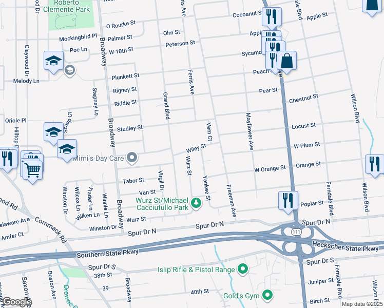map of restaurants, bars, coffee shops, grocery stores, and more near 232 Wiley Street in Brentwood