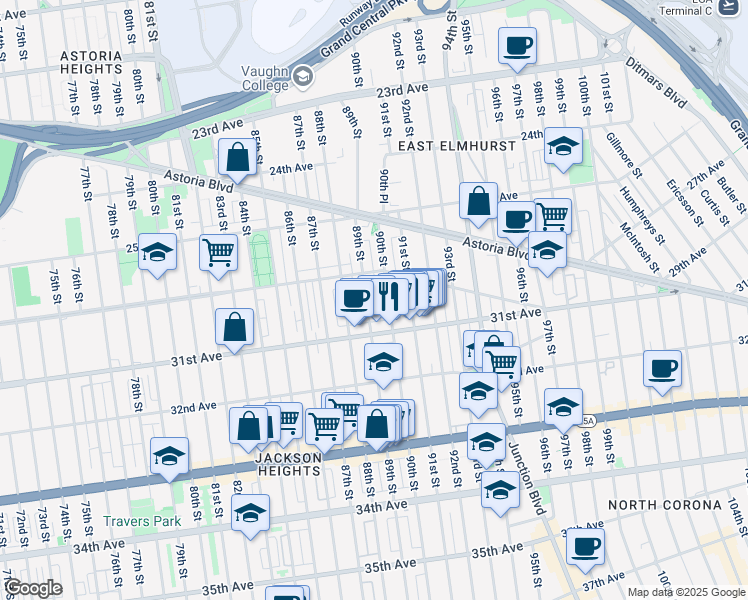 map of restaurants, bars, coffee shops, grocery stores, and more near 30-27 89th Street in Queens