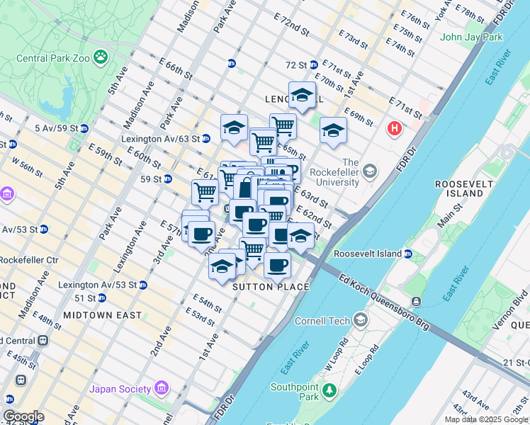 map of restaurants, bars, coffee shops, grocery stores, and more near 330 East 61st Street in New York