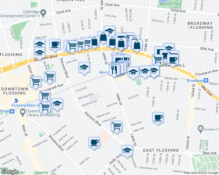 map of restaurants, bars, coffee shops, grocery stores, and more near 147-31 Barclay Avenue in Queens