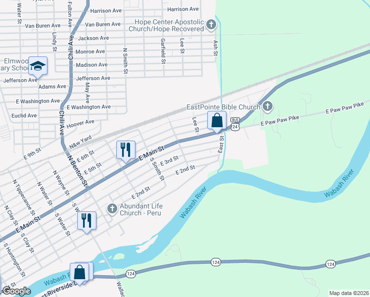 map of restaurants, bars, coffee shops, grocery stores, and more near 15 South Garfield Street in Peru