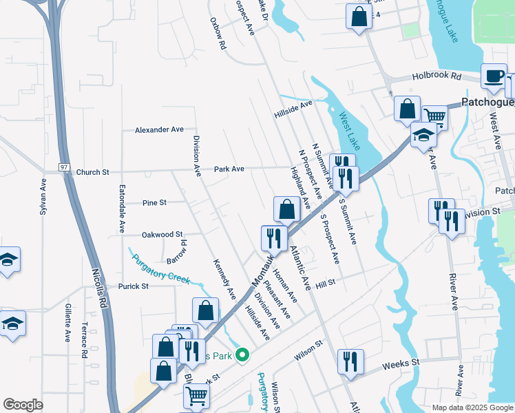 map of restaurants, bars, coffee shops, grocery stores, and more near 10 Hunting Hill Drive in Blue Point