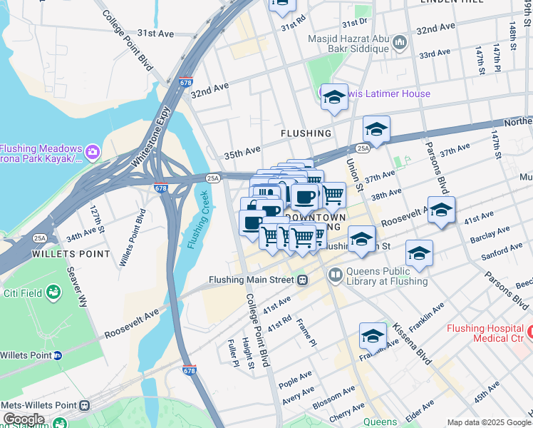map of restaurants, bars, coffee shops, grocery stores, and more near 135-15 37th Avenue in Queens