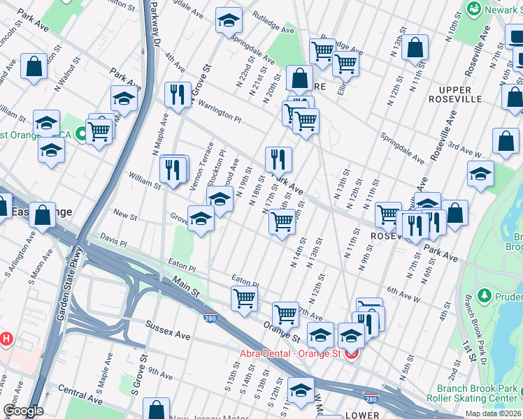 map of restaurants, bars, coffee shops, grocery stores, and more near 95 North 17th Street in East Orange