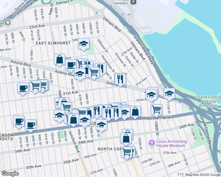 map of restaurants, bars, coffee shops, grocery stores, and more near 101-16 31st Avenue in Queens