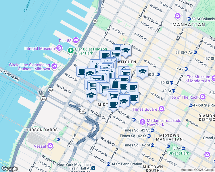 map of restaurants, bars, coffee shops, grocery stores, and more near 444-450 West 45th Street in New York