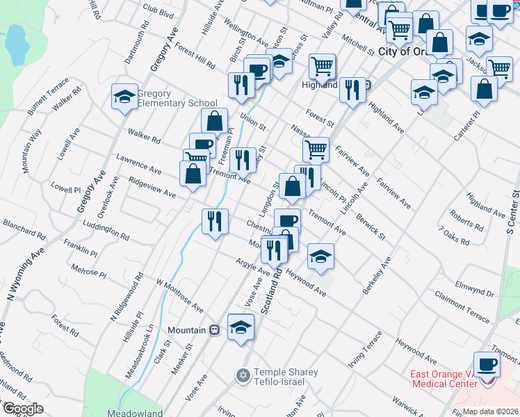 map of restaurants, bars, coffee shops, grocery stores, and more near 571 Beach Street in City of Orange