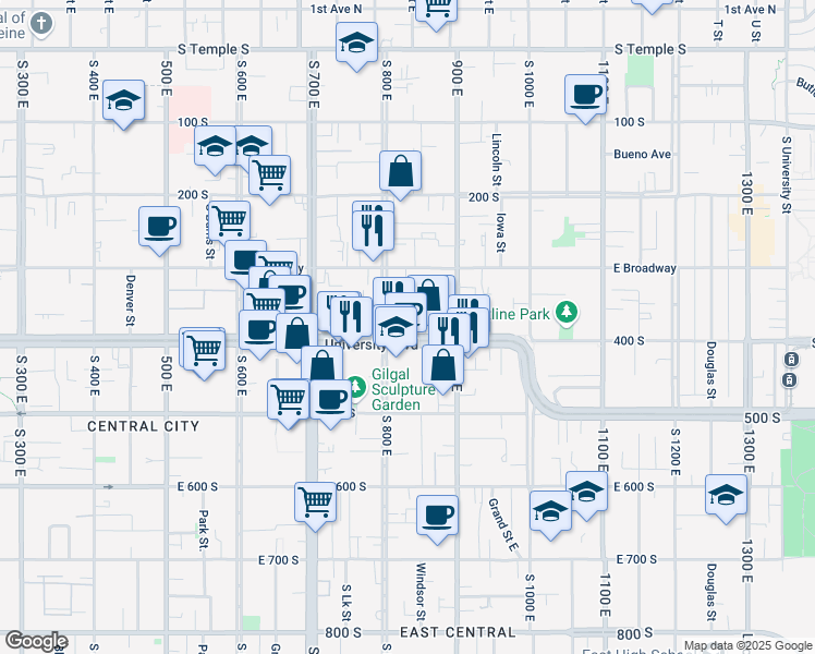 map of restaurants, bars, coffee shops, grocery stores, and more near 837 East 400 South in Salt Lake City