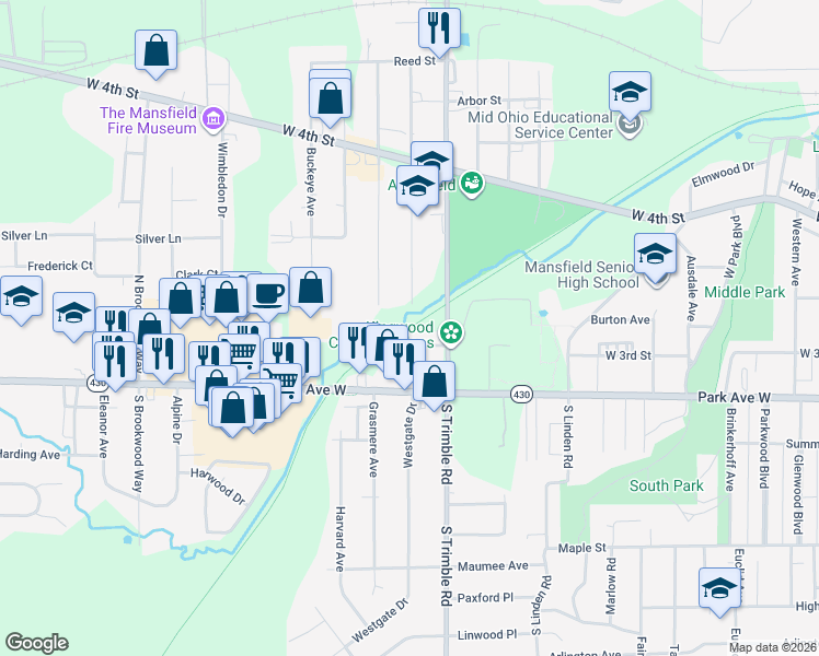 map of restaurants, bars, coffee shops, grocery stores, and more near Richland B & O Trail in Mansfield