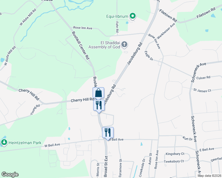 map of restaurants, bars, coffee shops, grocery stores, and more near 477 Jacobsburg Road in Nazareth