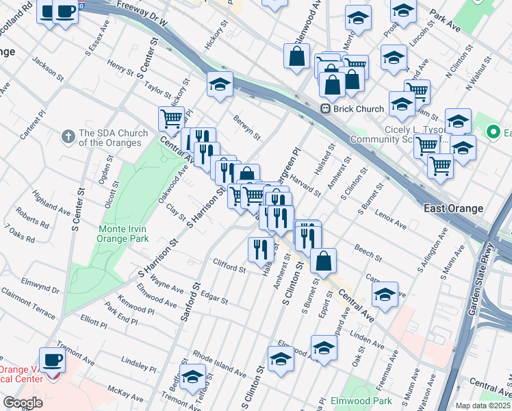 map of restaurants, bars, coffee shops, grocery stores, and more near 597 Central Avenue in East Orange
