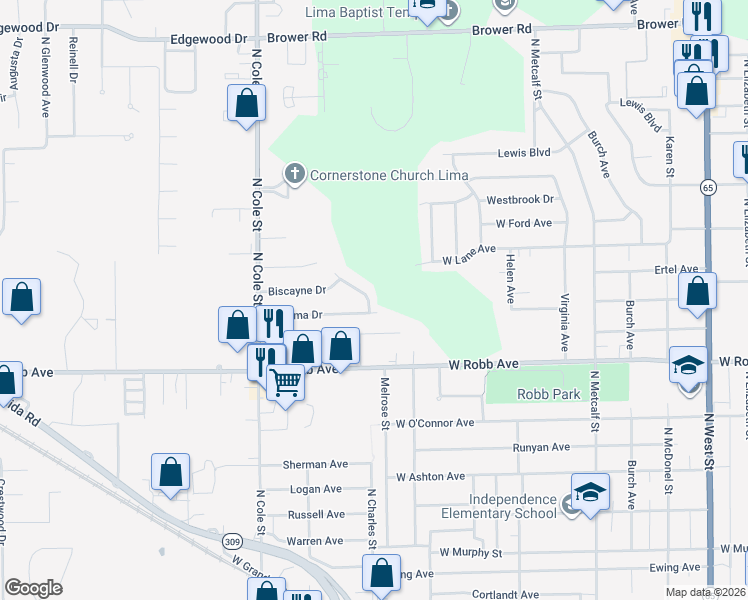 map of restaurants, bars, coffee shops, grocery stores, and more near 1804 North Charles Street in Lima
