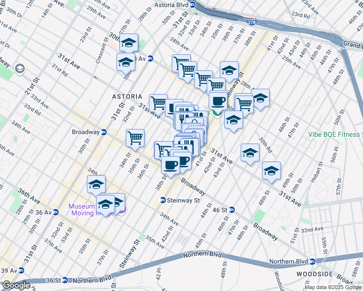 map of restaurants, bars, coffee shops, grocery stores, and more near 31-28 38th Street in Queens