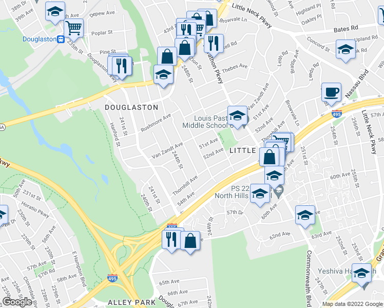 map of restaurants, bars, coffee shops, grocery stores, and more near 50-29 245th Street in Queens