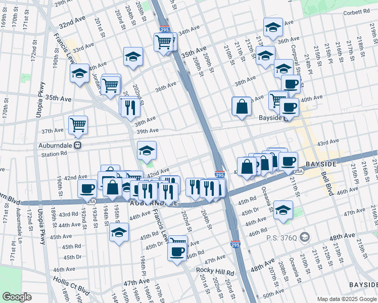 map of restaurants, bars, coffee shops, grocery stores, and more near 40-37 204th Street in Queens