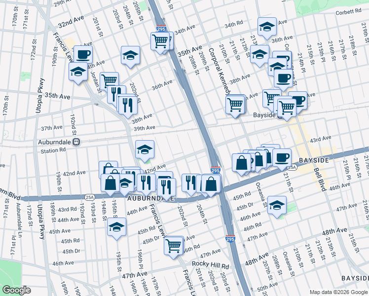 map of restaurants, bars, coffee shops, grocery stores, and more near 40-37 204th Street in Queens